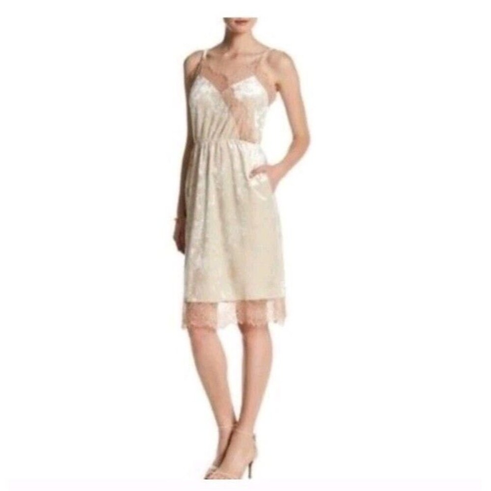 Y2K Velvet Slip Dress Women’s M Champagne Lace Trim Midi Pockets Coquette Fairy